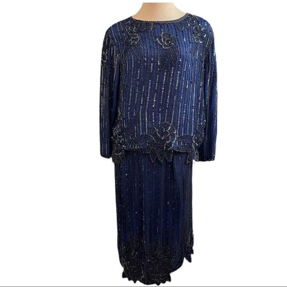 Mark & John II VTG Blue Black Sequin Beaded 2 Pc Skirt Set Size XL - Picture 1 of 16